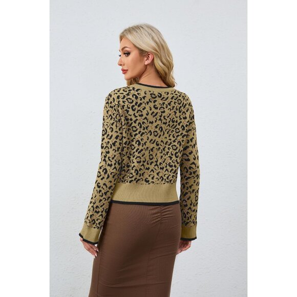 Leopard Print Cardigan Sweater Women's Cotton Blend Open Front Bow Tie Long Slee - Picture 2 of 4